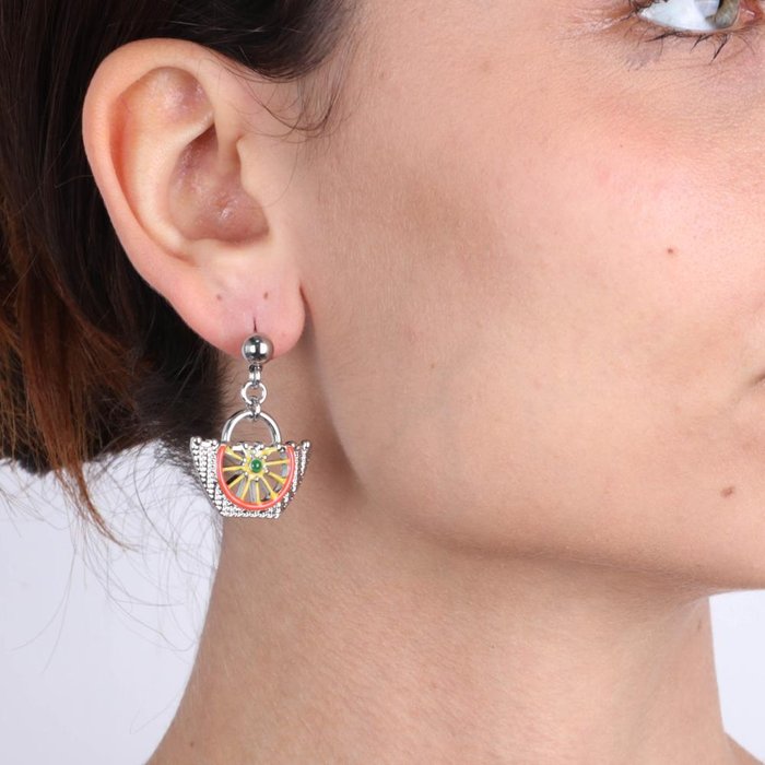 Sicilian basket metal earrings with Sicilian wagon wheel design embellished with colored enamels
