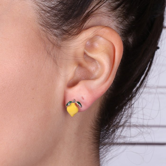 Metal lemon stud earrings, embellished with colored enamels
