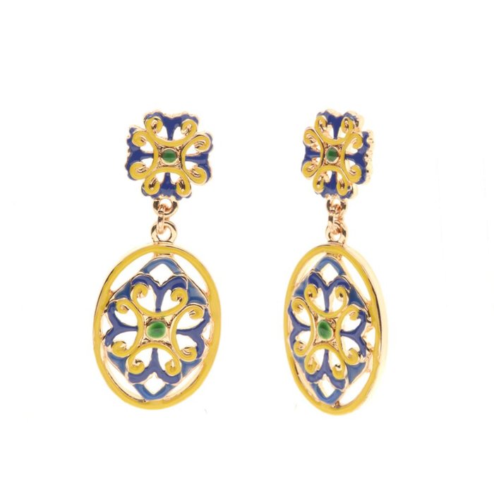 Orecchini in Metallo con maiolica a fiore smaltata blu e giallo