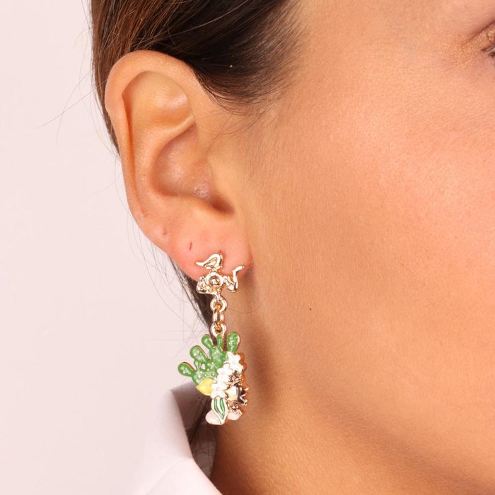 Metal earrings with clip closure with three legs of the Trinacria and Moor's heads embellished with colored enamels