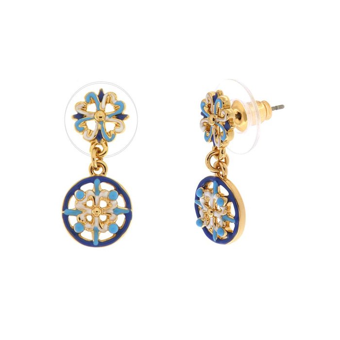 Metal earrings with colored majolica pendant