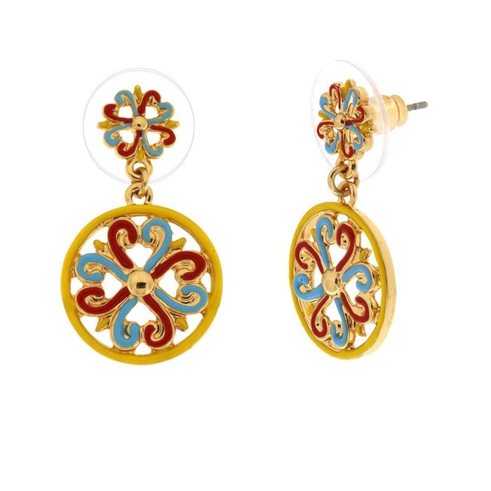Metal earrings with colored majolica pendant