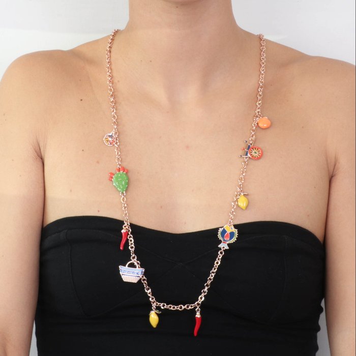 Metal Necklace with Sicilian Charms, Cart, Basket, Prickly Pear, Lucky Horn