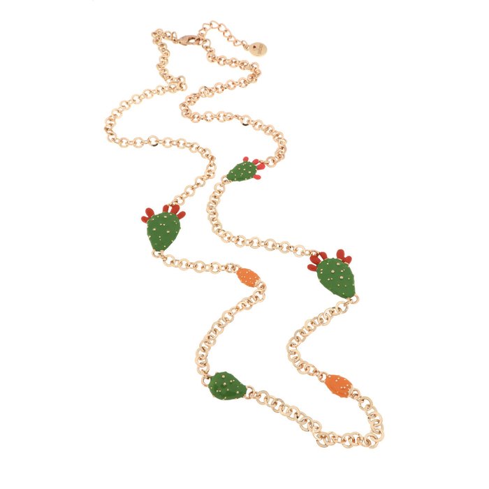 Necklace in metal rolo mesh, with Sicilian prickly pears, embellished with colored enamels