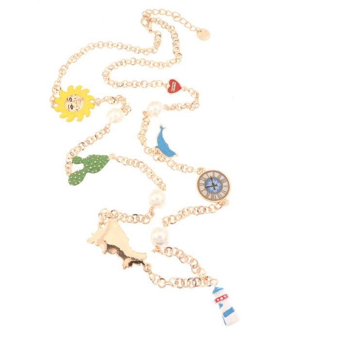 Collier en métal avec dauphin, cactus, perle, montre, Campanie, cœur avec Capri et soleil