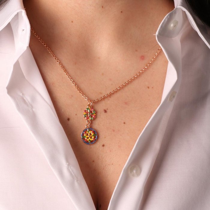 Metal necklace with Caltagirone majolica embellished with colored enamels