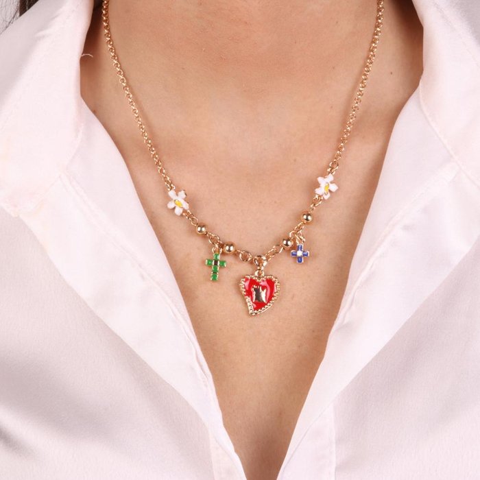 Metal Necklace with Flowers, Crosses and Sacred Heart Pendants