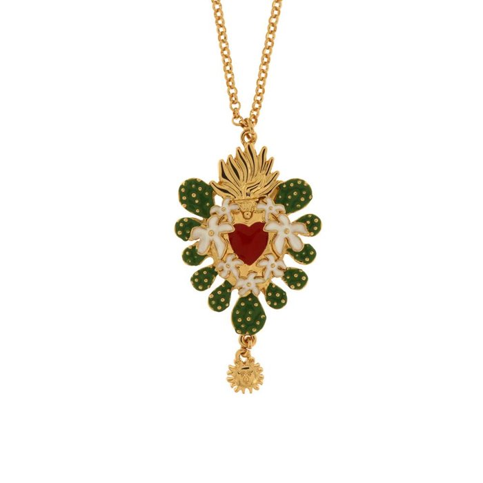 Metal Necklace with Sacred Heart Framed by Prickly Pears