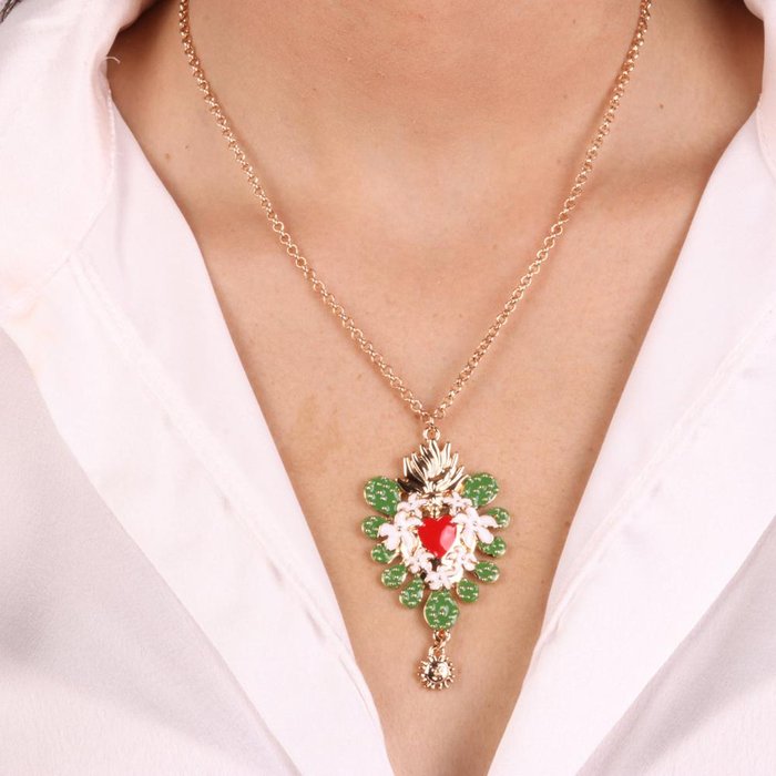 Metal Necklace with Sacred Heart Framed by Prickly Pears