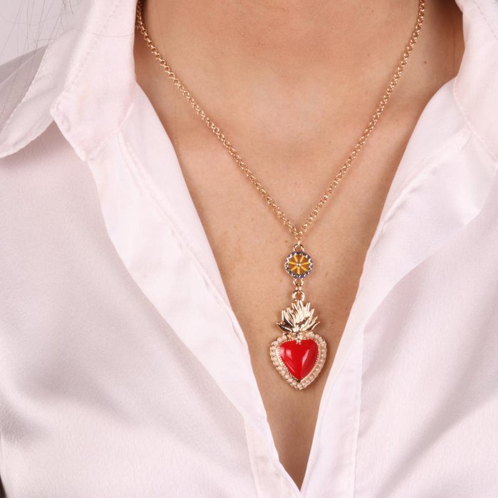 Metal Necklace with Sacred Heart and Sicilian Cart Wheel