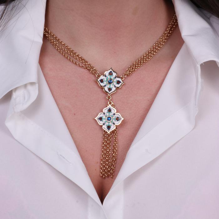 Metal Necklace with Colored Majolica in the Shape of a Cross and Hanging Fringes