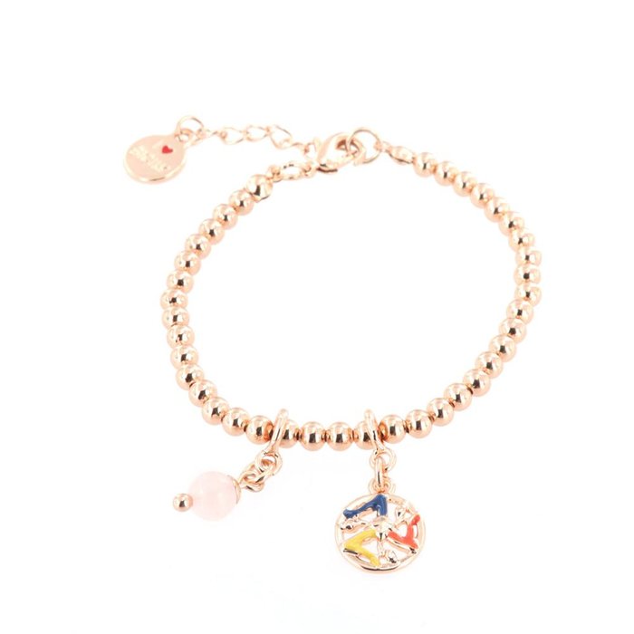 Bracelet en maille métallique avec petites sphères, avec trinacria orné d'émaux et de perles roses, pendentifs