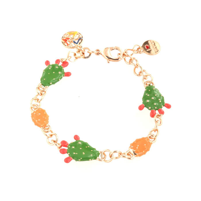 Bracelet en maille métallique rolo, avec trio de figues de Barbarie ornées d'émaux colorés