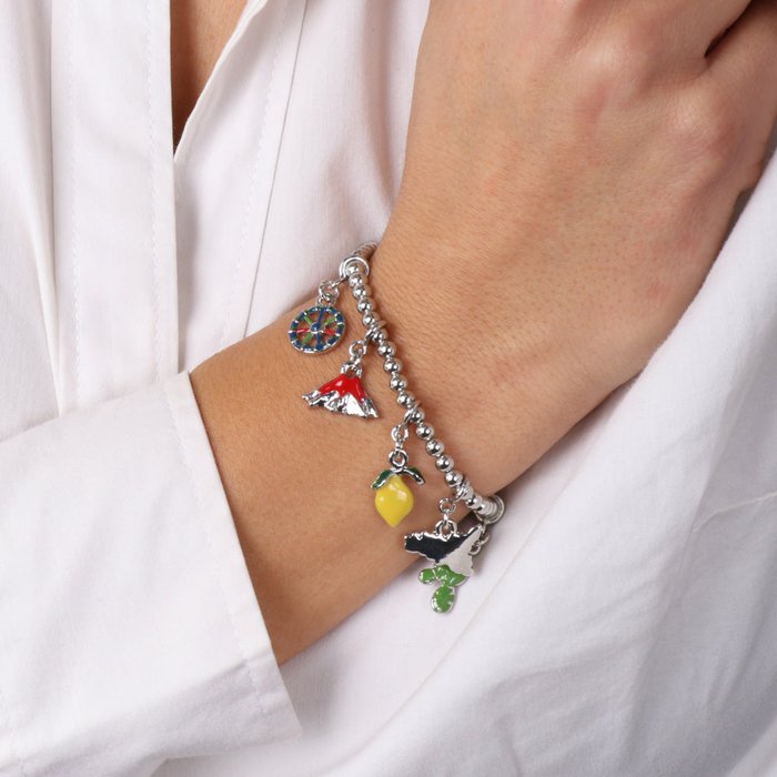 Metal Bracelet with Sicilian Charms, Etna Volcano, Prickly Pear and Lemon