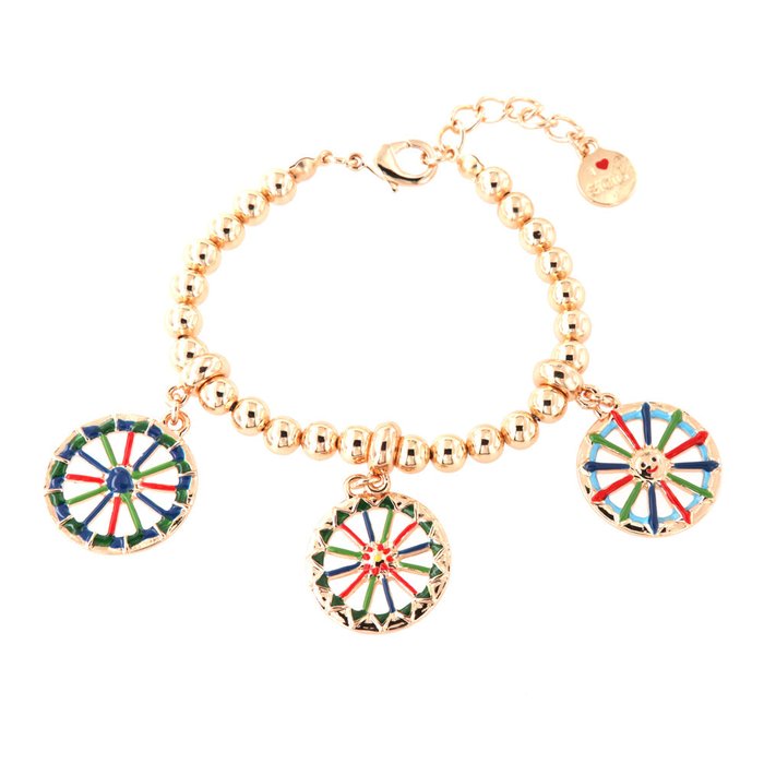 Metal bracelet with sphere mesh, with Sicilian chariot wheel charms, embellished with colored enamels