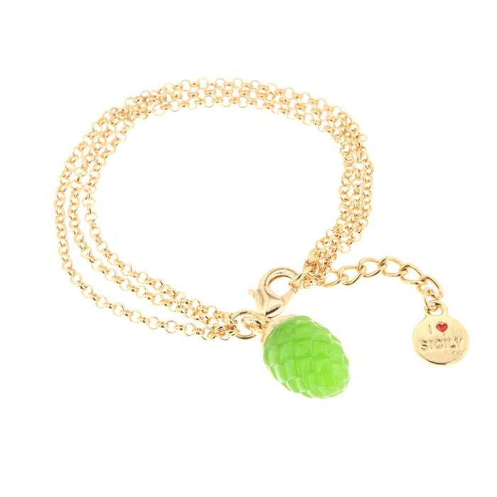 Bracelet en métal avec pendentif pomme de pin porte-bonheur émaillé vert