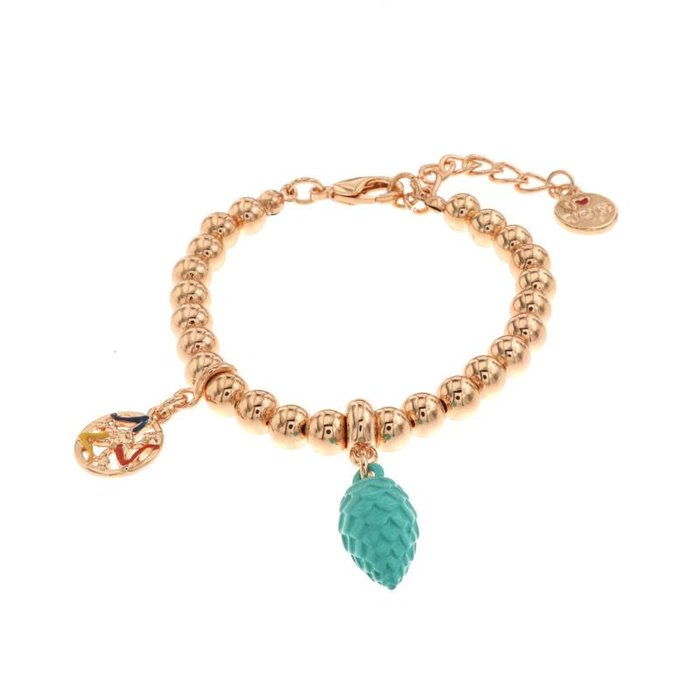 Bracelet in metal mesh with spheres, with a turquoise Sicilian lucky pine cone and a three-legged symbol of the Trinacria with colored enamels