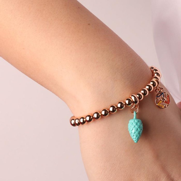 Bracelet in metal mesh with spheres, with a turquoise Sicilian lucky pine cone and a three-legged symbol of the Trinacria with colored enamels