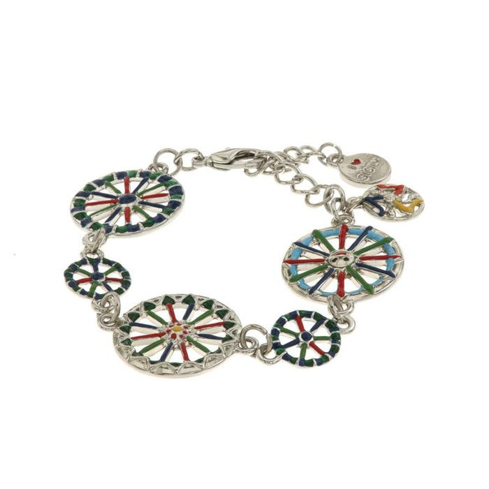 Bracelet en métal avec roues de charrette sicilienne ornées d'émaux colorés
