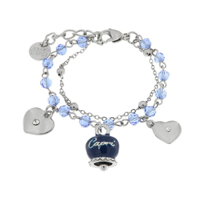 Bracelet en métal avec cloche en émail bleu et coeurs suspendus