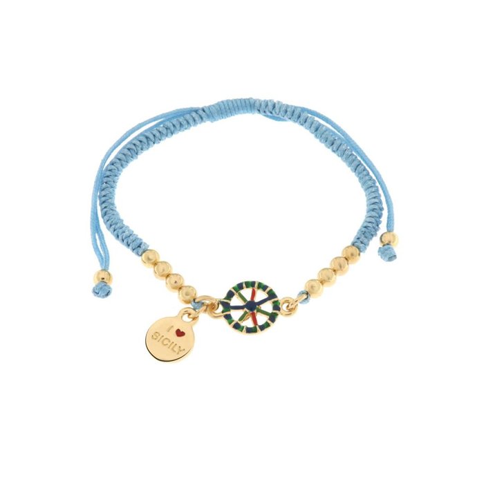Bracelet en métal avec cordon bleu et sphères avec roue de charrette sicilienne