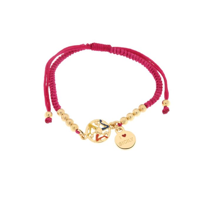 Metal Bracelet with Fuchsia Cord and Trinacria