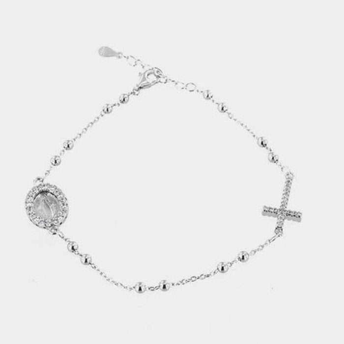Bracelet chapelet en argent 925 avec croix en zircone blanche et Madone entourée de zircones