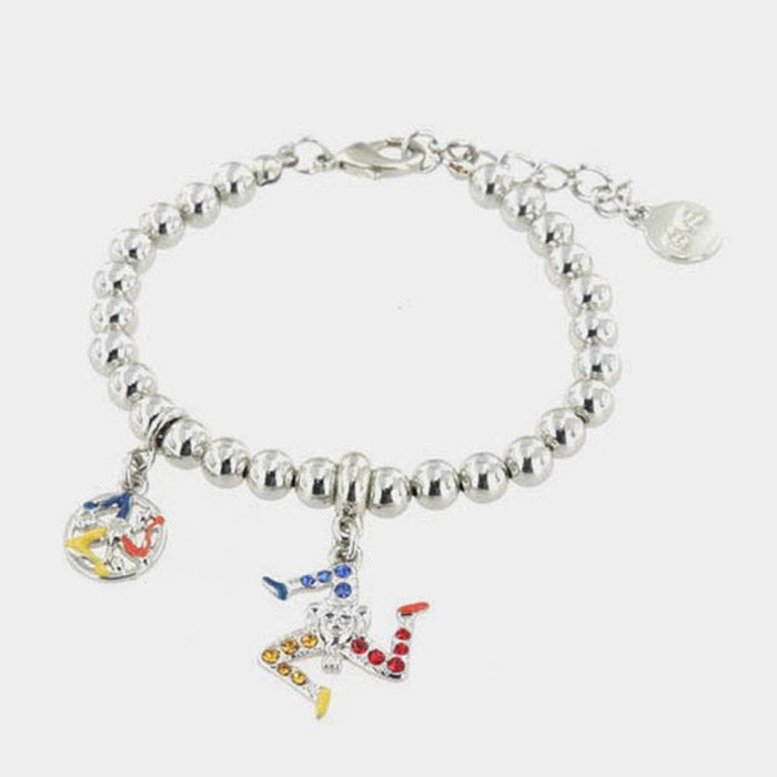 Bracelet en métal avec maille sphérique et pendentif trinacria orné de cristaux multicolores