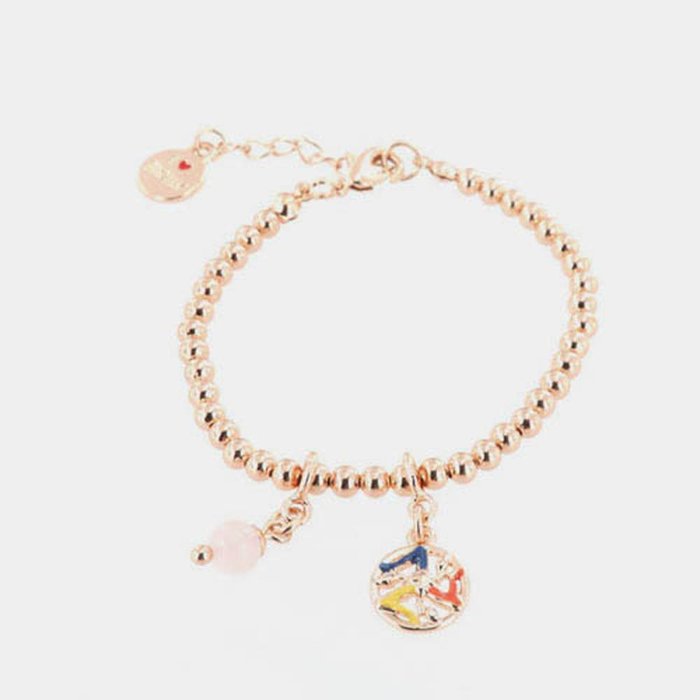 Bracelet en maille métallique avec petites sphères, avec trinacria orné d'émaux et de perles roses, pendentifs