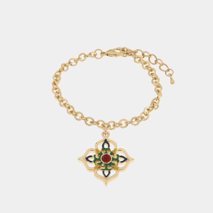 Bracelet en métal avec pendentif croix orné de majolique