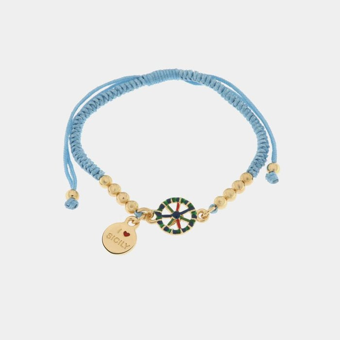Bracelet en métal avec cordon bleu et sphères avec roue de charrette sicilienne